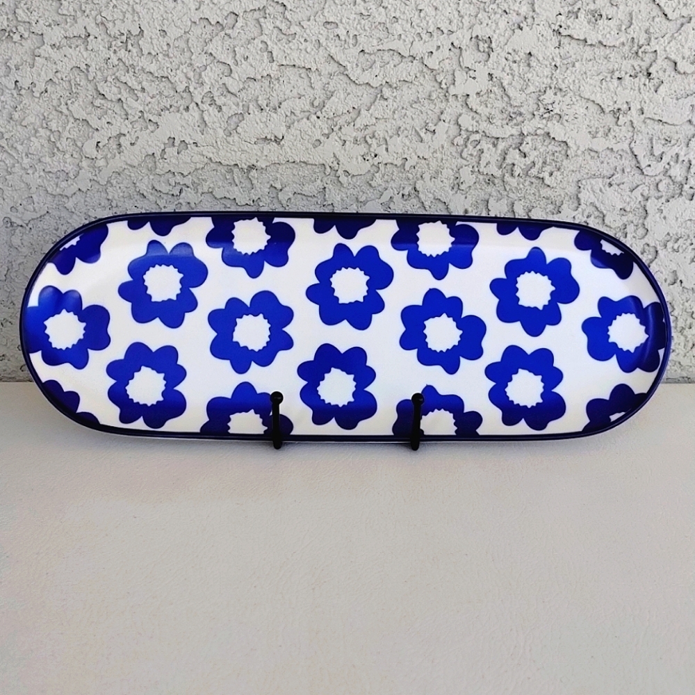 Crofton Stoneware Blue & White Floral Ceramic Platter 5” x 14”